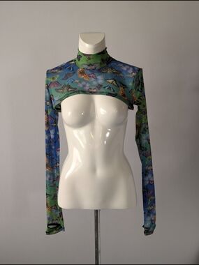 Club Exx Butterflys Print Sheer Crop Long-Sleeve Top - Green/Blue Size Medium